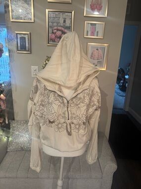 Free People Cream Hoodie with Floral Embroidery
